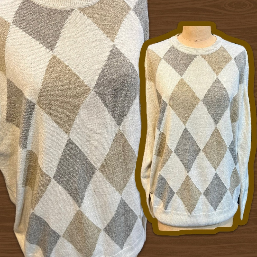 VINTAGE 90s Dockers‎ Diamond argyle checkered knit sweater preppy business y2k